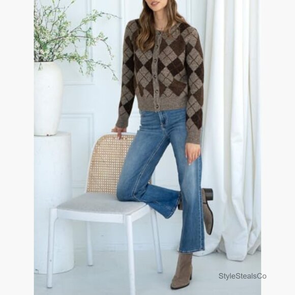 Argyle Cardigan Sweater Long Sleeve Button Down Preppy Knit Cropped - Picture 5 of 7